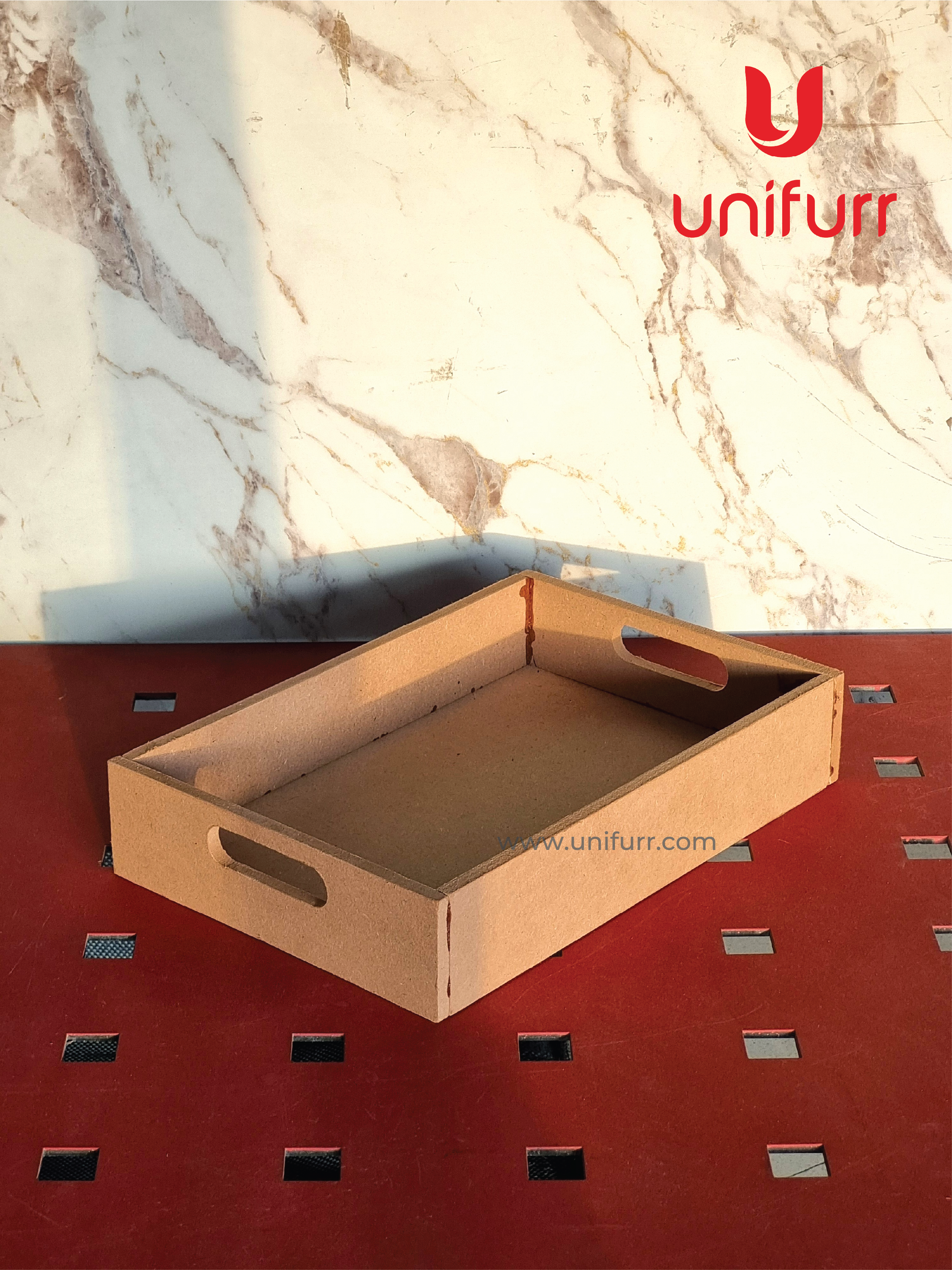 Wooden tray on a red surface with a marble background and Unifurr logo.